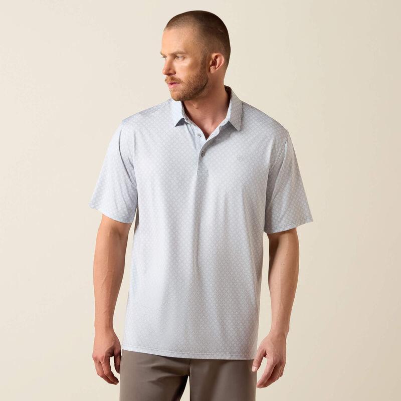 Man wearing a light gray polo shirt 