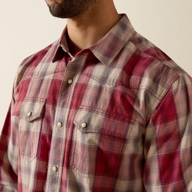 Red and beige plaid snap shirt