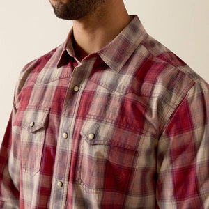 Red and beige plaid snap shirt