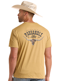 Man wearing a tan t-shirt with 'Panhandle' branding and a cowboy hat.