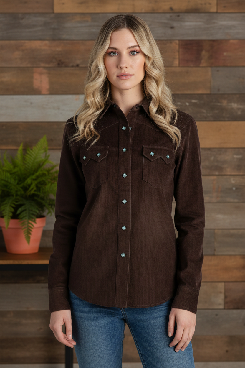 Woman wearing a brown corduroy jacket with decorative buttons in an outdoor setting.