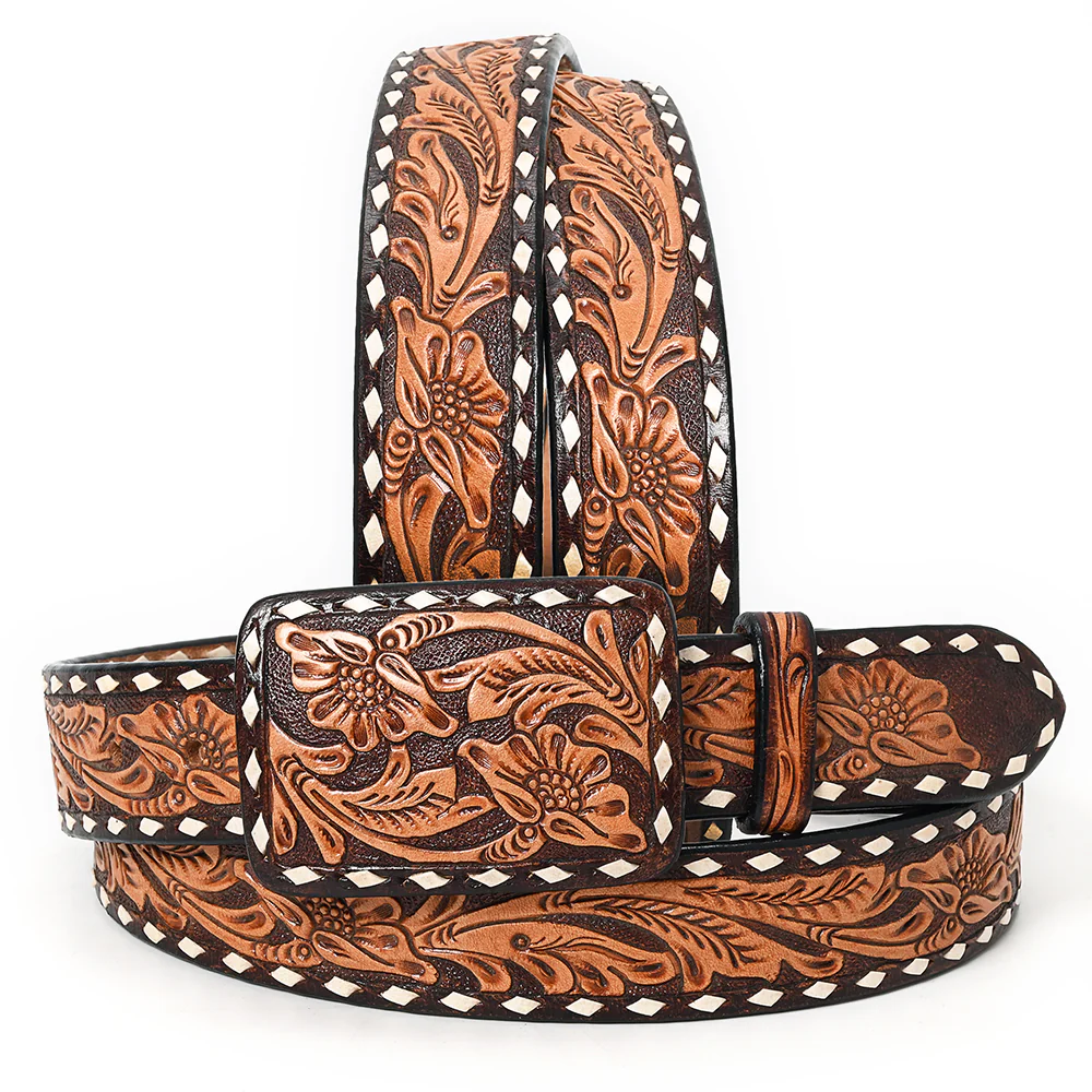 Two-Tone Tooled Leather Belt with Whipstitch Edge and Matching Buckle