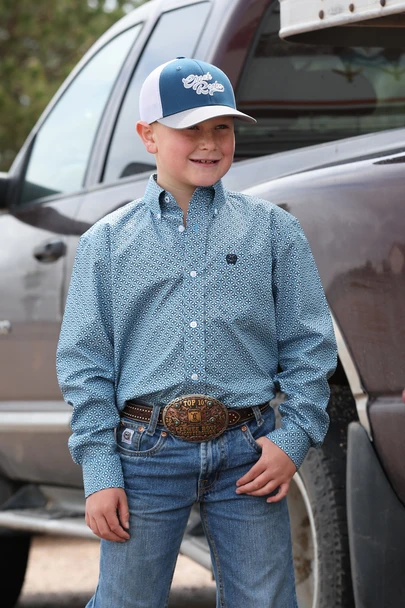 Cinch Youth Boy's Blue Geometric Print Button Down Shirt