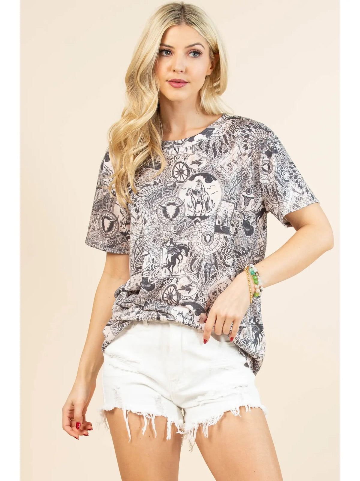 SALLY Western Print Relaxed Fit Short Sleeve T-Shirt