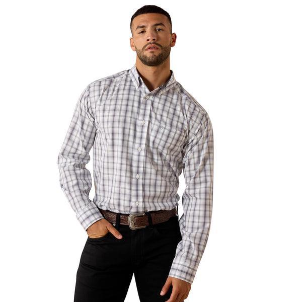 Plaid pattern shirt with black, white, and purple colors 