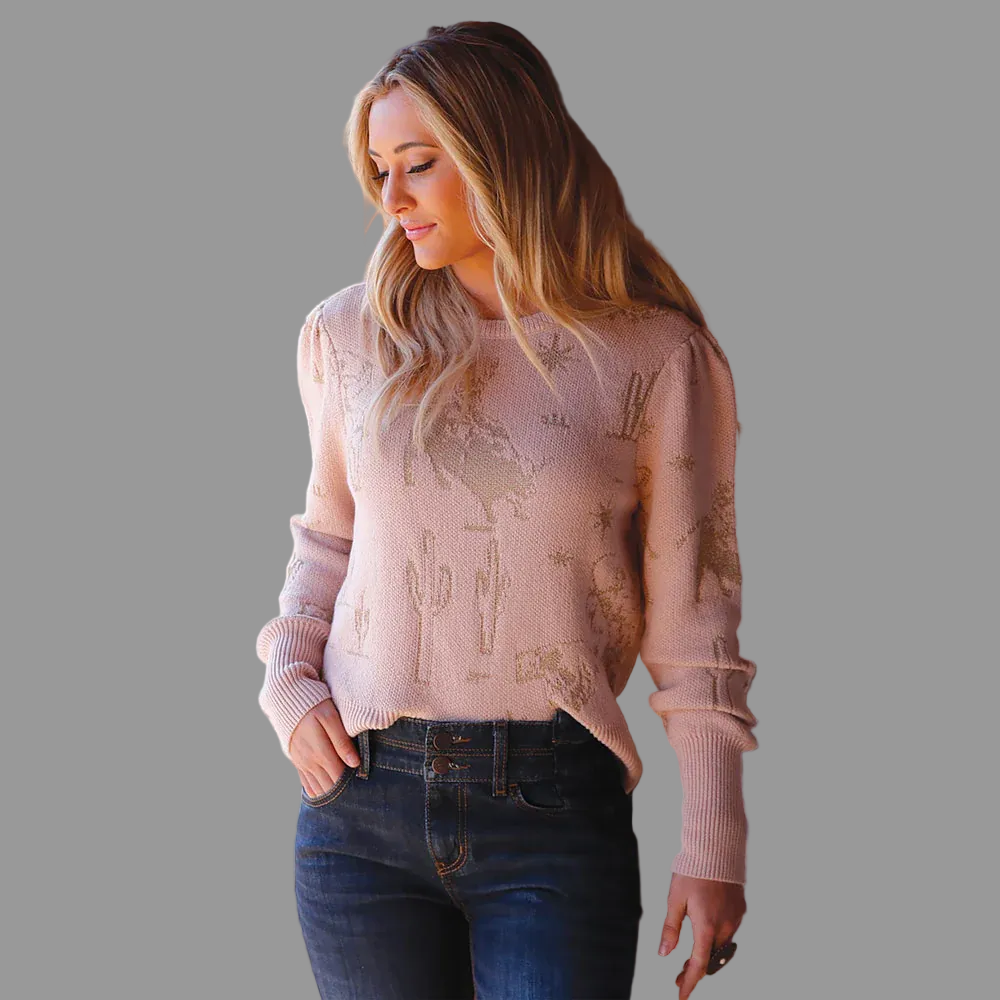 Cruel Girl pink sweater featuring a shimmery gold cactus and bull rider graphic.