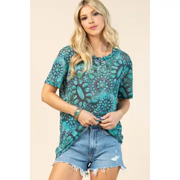MARGO Turquoise Print Semi Sheer Mesh Top