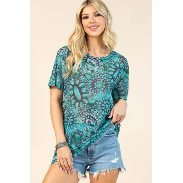 MARGO Turquoise Print Semi Sheer Mesh Top