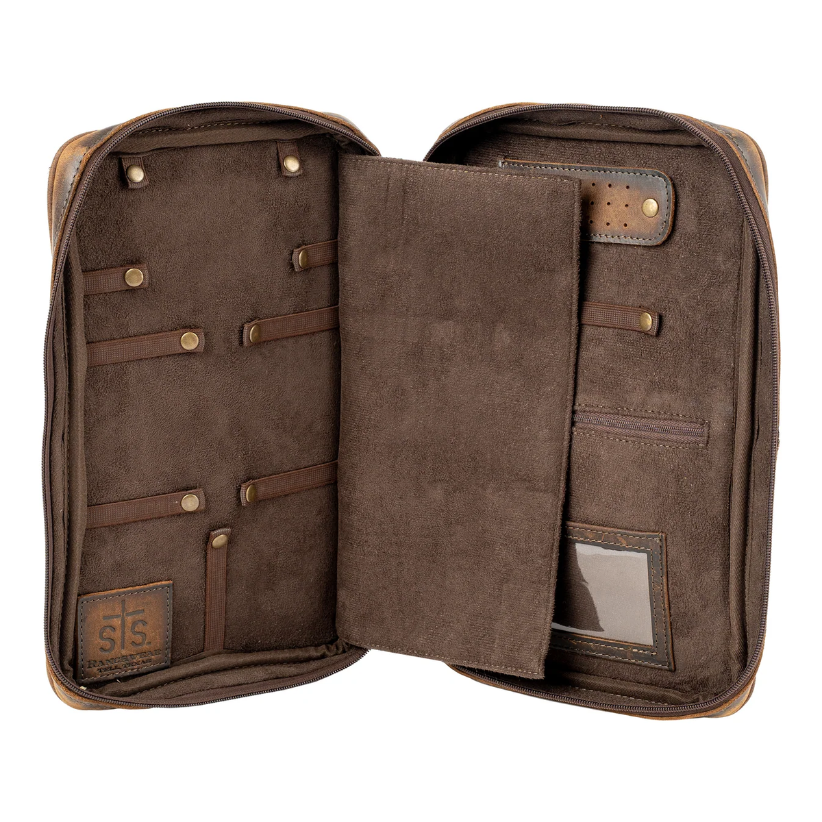 An open brown leather organizer case with multiple interior slots, loops, and pockets, shown against a plain white background.