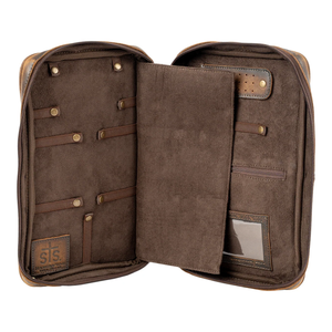 An open brown leather organizer case with multiple interior slots, loops, and pockets, shown against a plain white background.