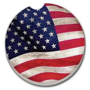 Round coaster with American flag design on a white background