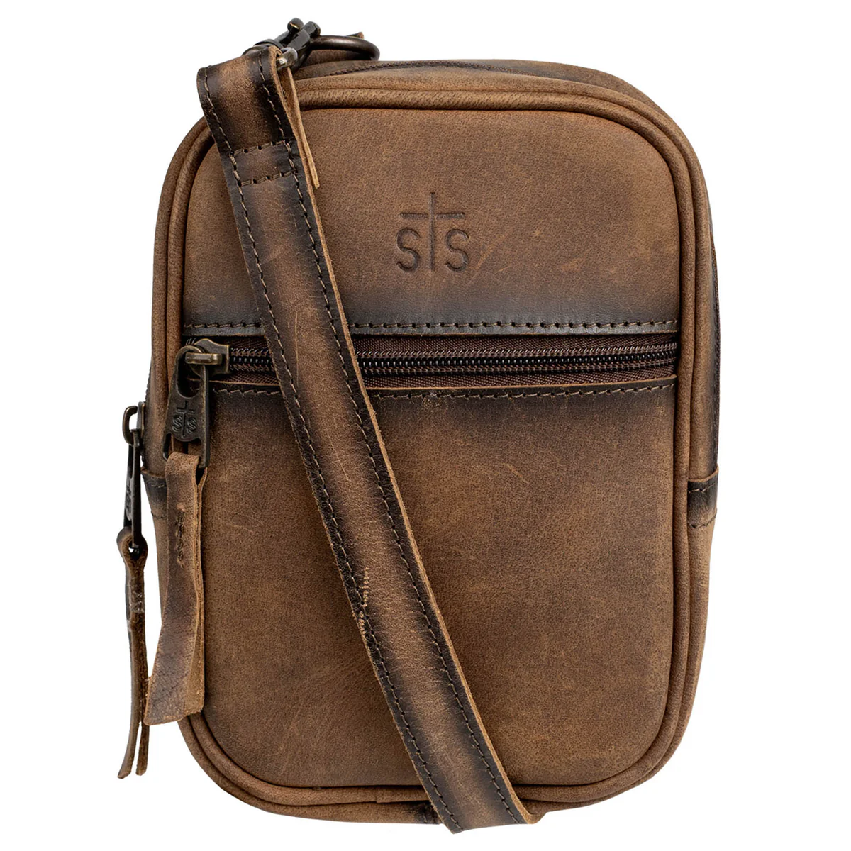 Brown leather crossbody bag with visible brand logo on a white background