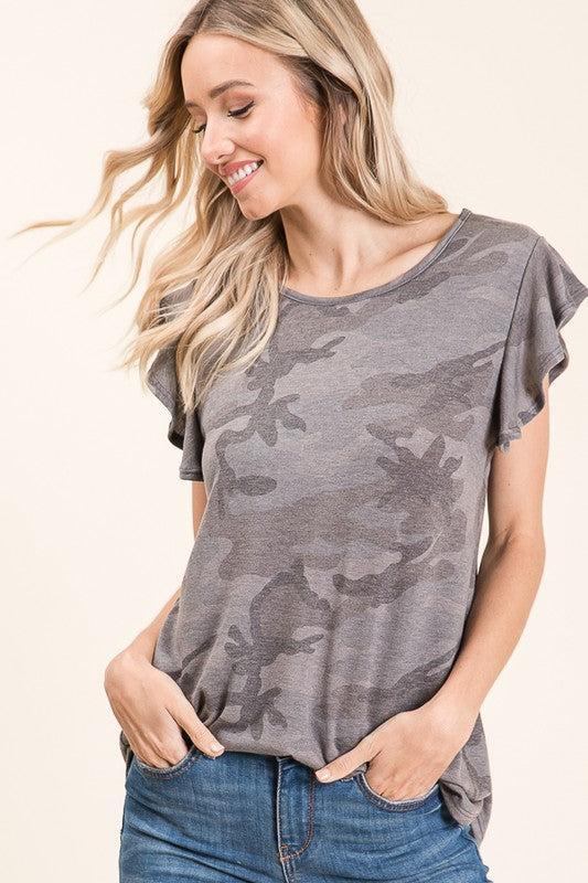 The Camo Ruffle Sleeve Top