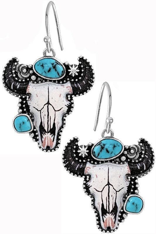 WESTERN GEMSTONE STEER HEAD EARRING