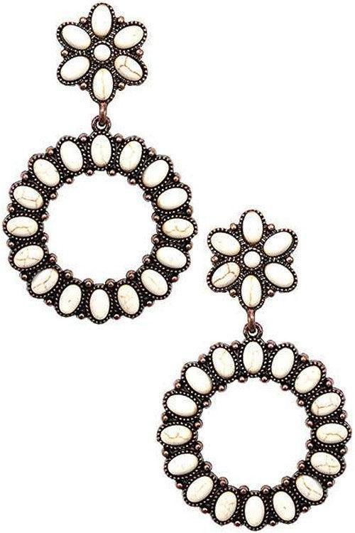 Western Concho Flower Round Gem Stone Earring