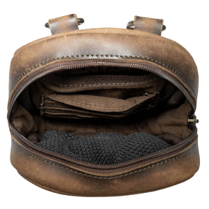 Brown leather bag with open front pocket on a white background
