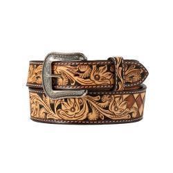 Decorative leather belt with floral patterns and a silver buckle on a white background