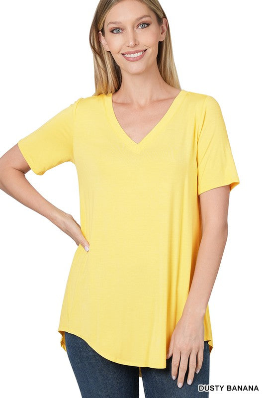 ZENA LUXE RAYON SHORT SLEEVE V-NECK HI-LOW HEM TOP