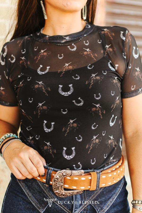 Horseshoe Print Short Sleeve Mesh Top