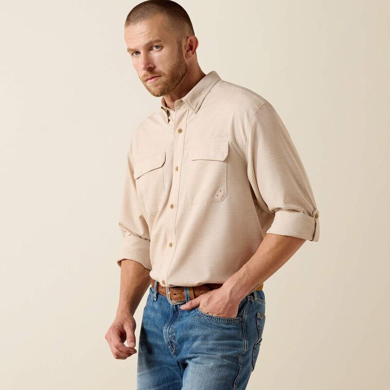 Long sleeve beige btton up shirt.