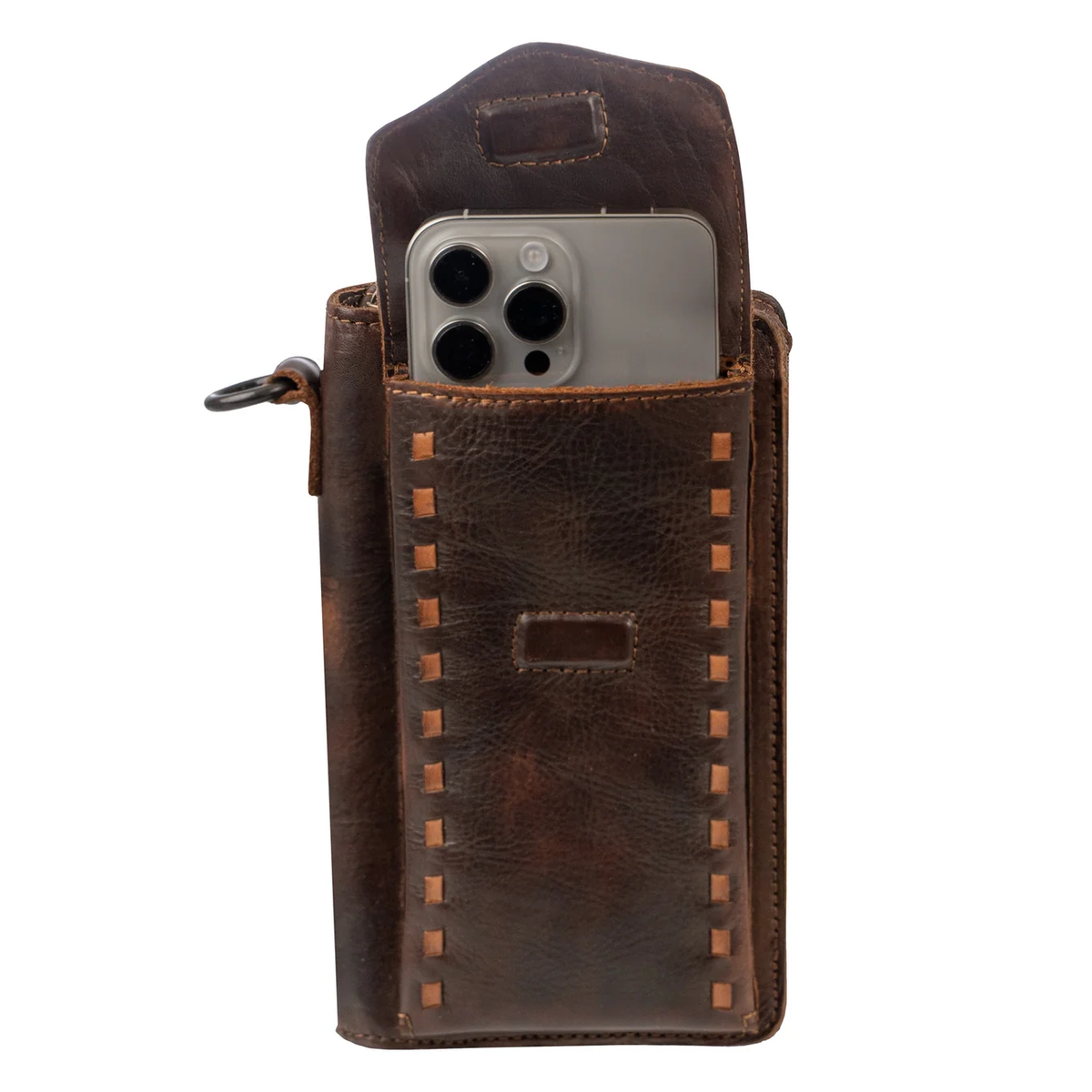 A dark brown leather phone pouch with decorative stitching and a zipper, shown holding a silver smartphone against a plain white background.