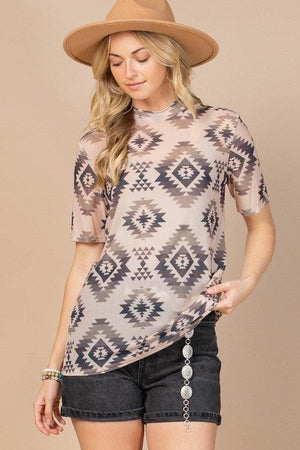 Erica Aztec Print Short Sleeve Mesh Top