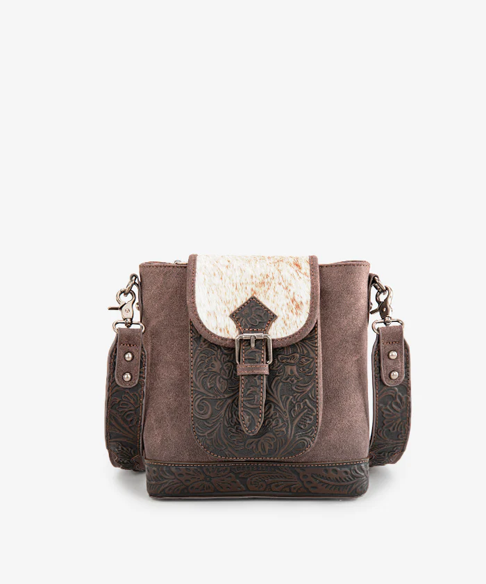 Trinity Ranch Genuine Hair-On Cowhide Tooled Concealed Carry Crossbody Bag