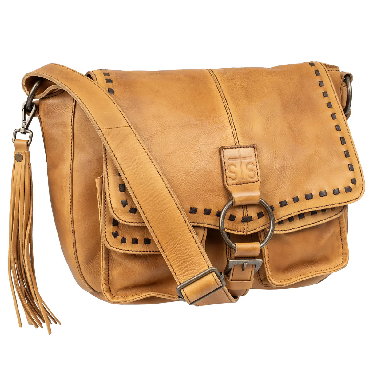 Brown leather bag with tassel on a white background