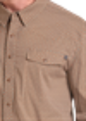 Close-up of a tan button-up shirt with a chest pocket, shown on a model.