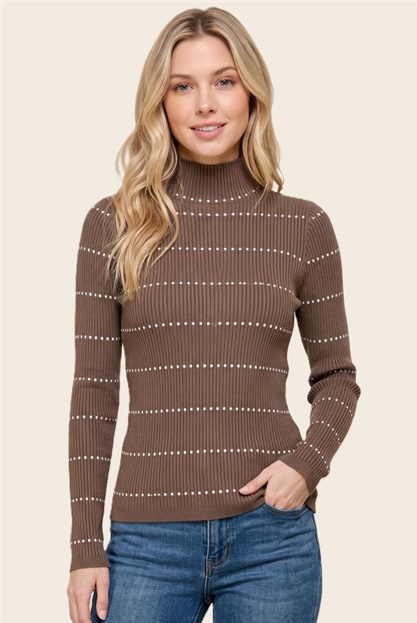 Brown ribbed mock-neck long-sleeve sweater with thin white dotted horizontal stripes