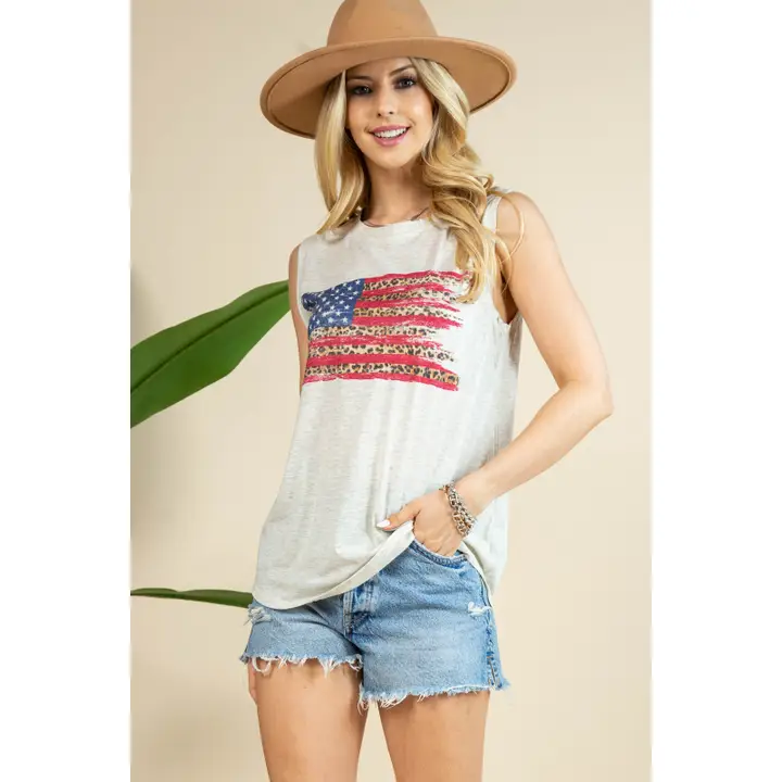 HAILEY Leopard American Flag Graphic Sleeveless Top
