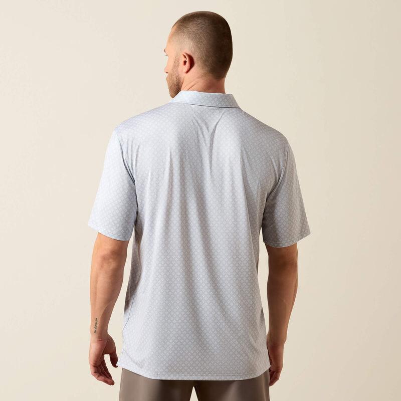 Man wearing a light gray polo shirt 