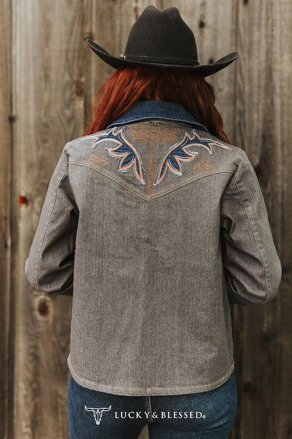 Grey Embroidered Western Jacket with Denim Collar