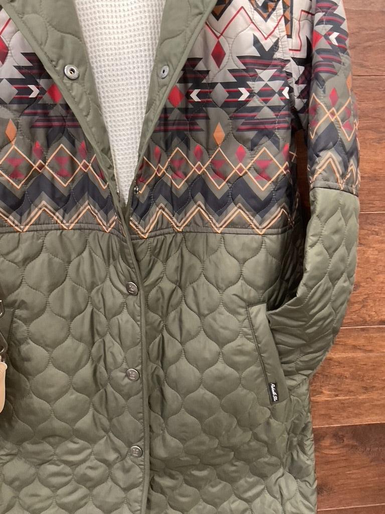 An olive green quilted jacket with a colorful geometric pattern across the chest and upper sleeves  