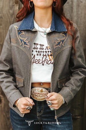 Grey Embroidered Western Jacket with Denim Collar