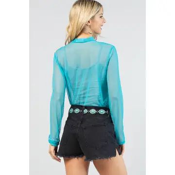 GEMMA Solid Semi Sheer Mock Neck Mesh Top