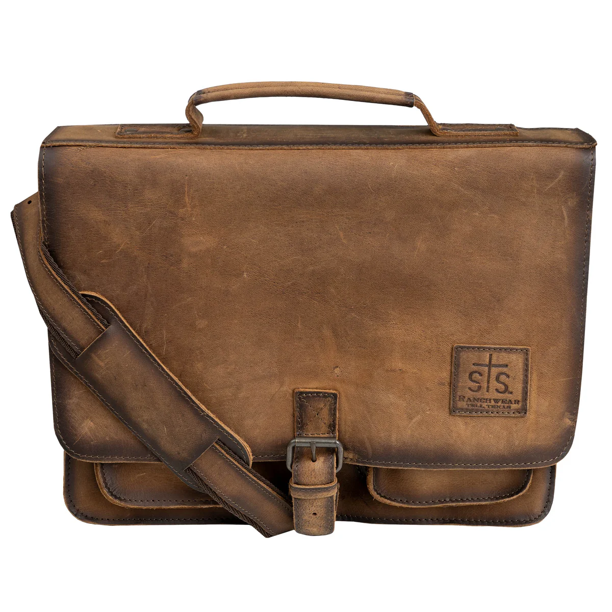 Brown leather briefcase on a white background