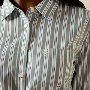 Green striped button down long sleeve western shirt