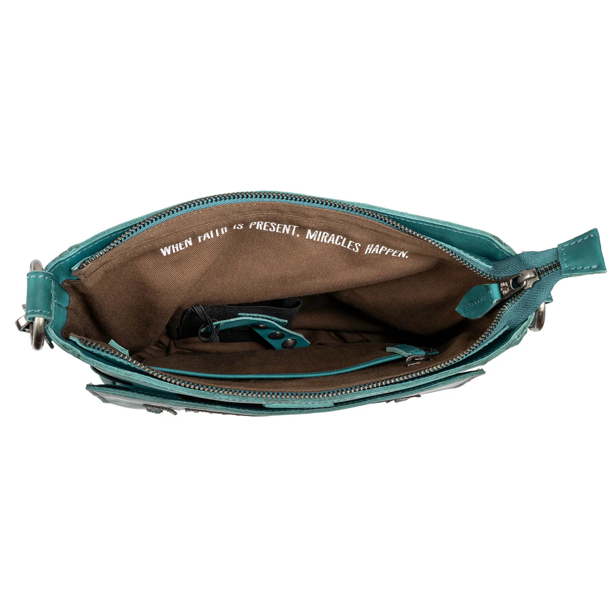 Teal handbag with open interior on a white background