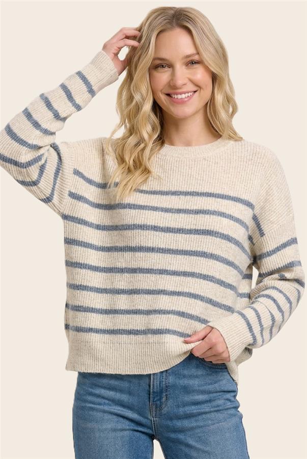 Oatmeal knit sweater with horizontal slate blue stripes 