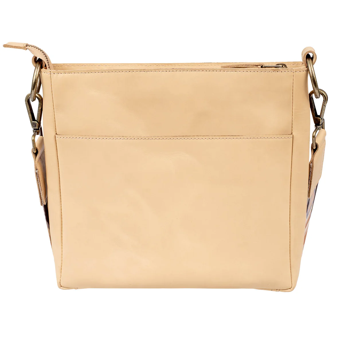 Beige handbag with gold accents on a white background