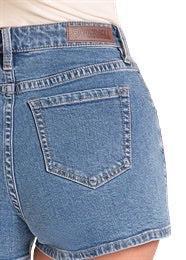 Close-up of a blue denim shorts
