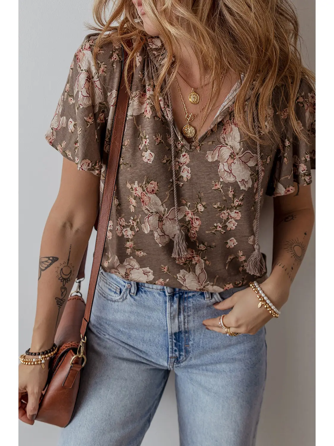 Retro Floral Print Tassel Tie Split Neck Short Sleeve Blouse