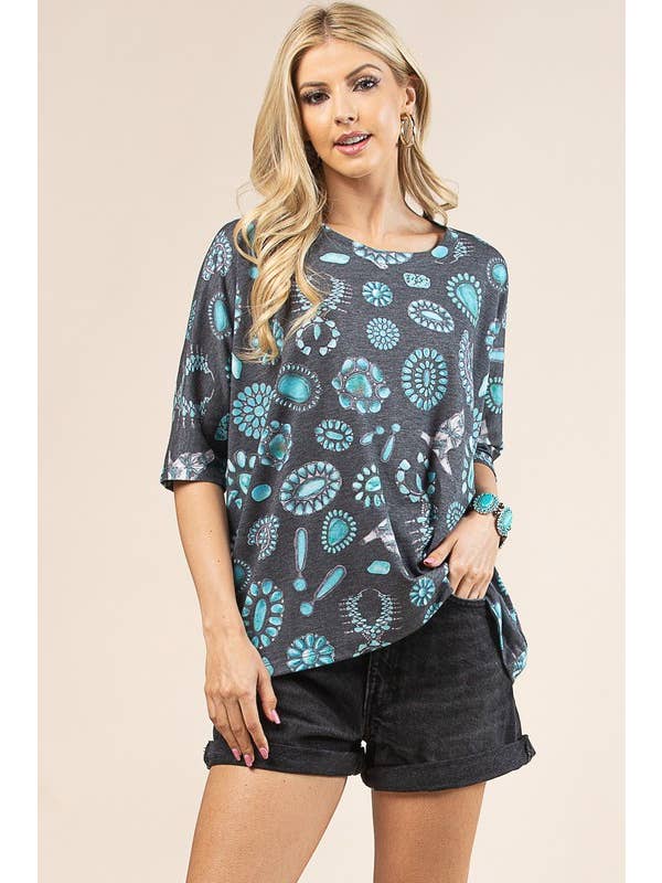 Turquoise Print Dolman Sleeve Top