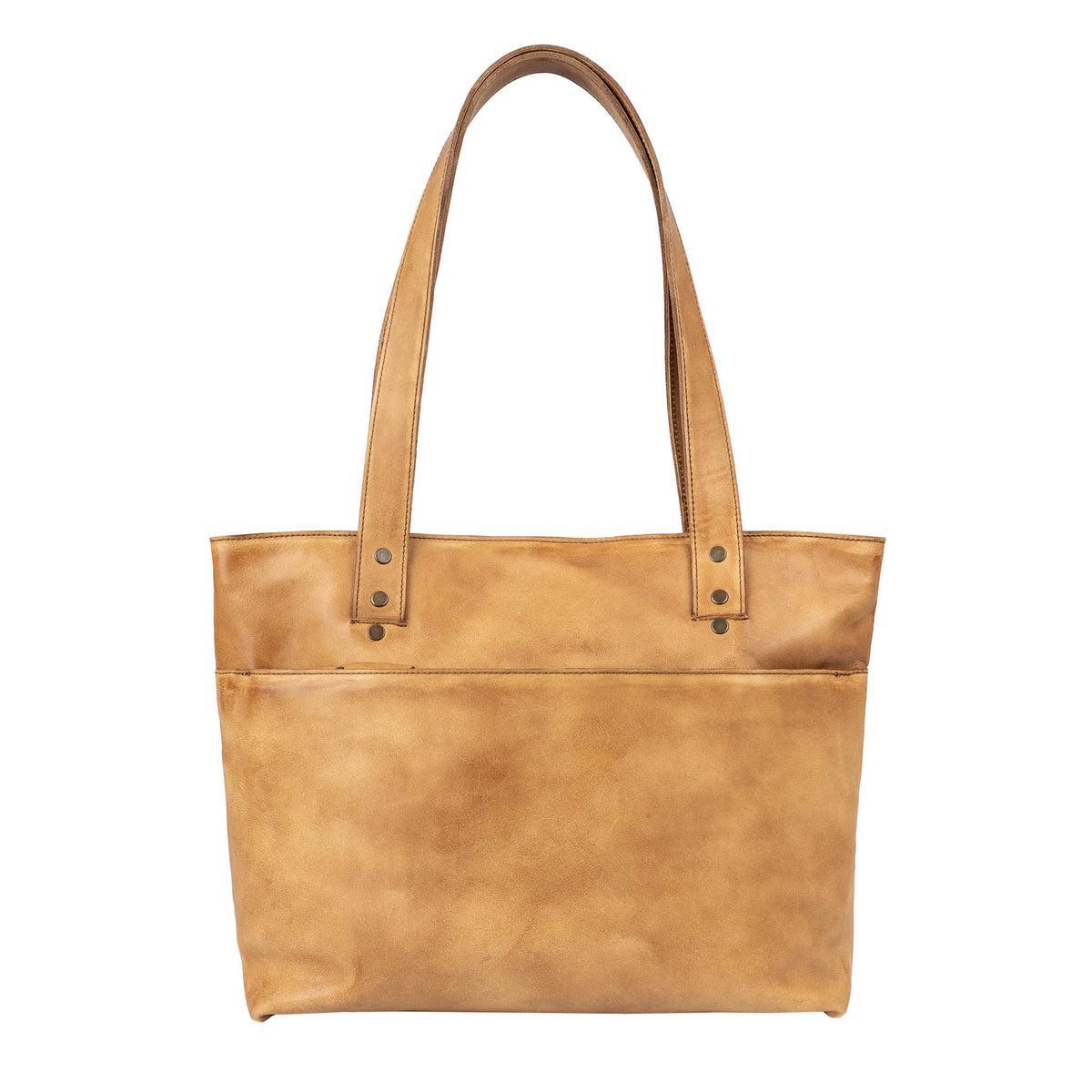 Brown leather tote bag on a white background