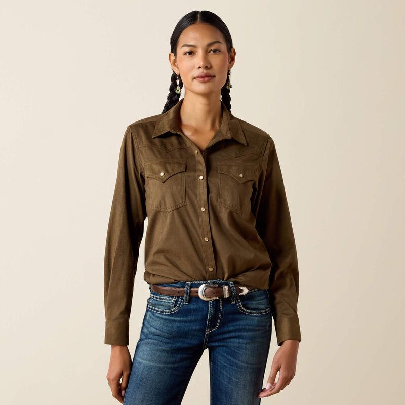 A woman modeling aolive green long-sleeve button-up shirt with two chest pockets. 