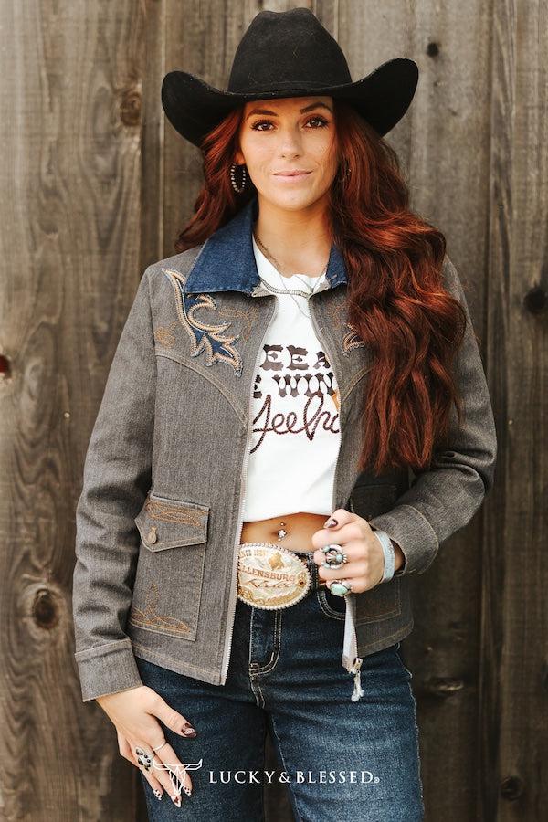 Grey Embroidered Western Jacket with Denim Collar
