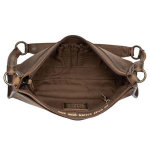 Brown leather bag with visible brand logo on a white background