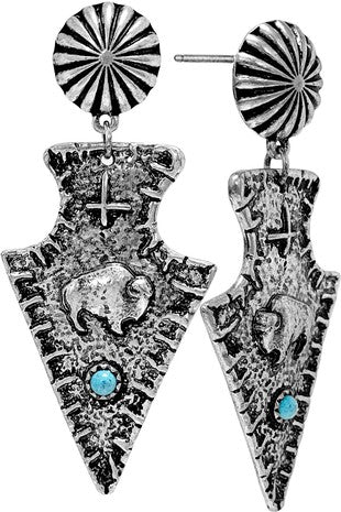 WESTERN HAMMERED TQ STITCHED BUFFALO ARROW EARRING