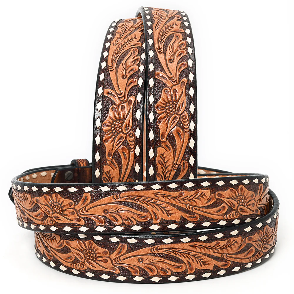 Two-Tone Tooled Leather Belt with Whipstitch Edge and Matching Buckle